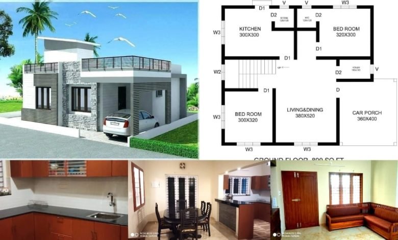 800 Sq Ft 2 Bedroom Contemporary Style Single Floor House and Plan
