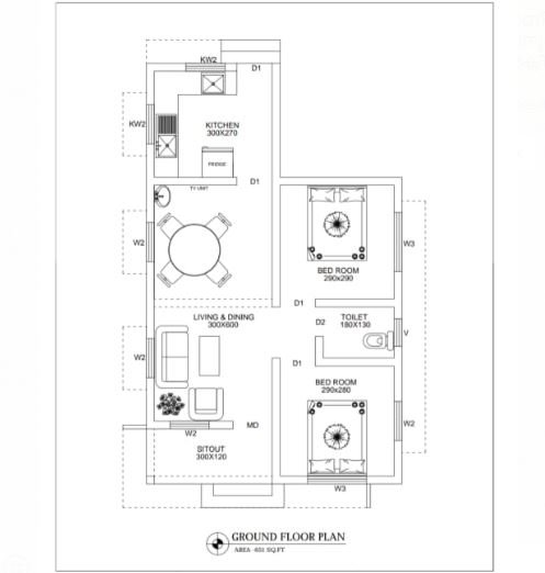 650 Sq Ft 2BHK Contemporary Style Single-Storey House and Free Plan, 10 ...